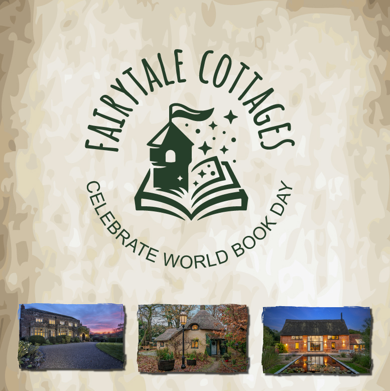 Logo for Fairytale Cottages featuring a whimsical cottage and an open book with stars, with the text 'Celebrate World Book Day' below.