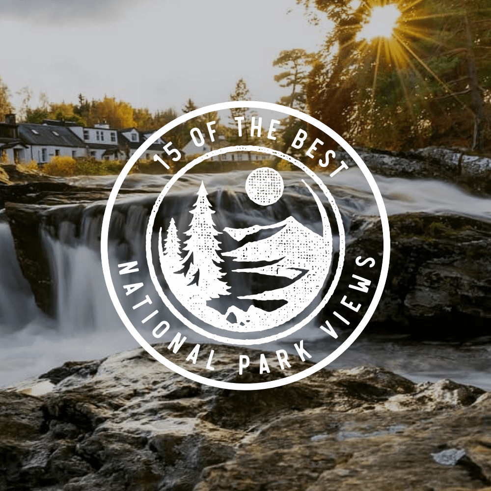 Logo featuring stylized trees and a mountain landscape with the text '15 OF THE BEST NATIONAL PARK VIEWS' and a sun icon.